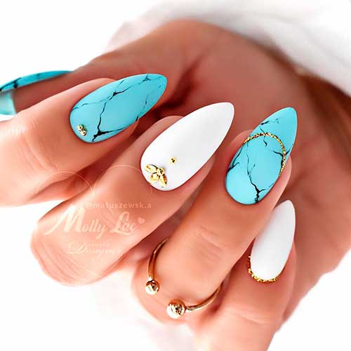 Matte Marble Blue Nails and White Accentuated with Gold Rhinestones are Perfect Summer Nails 2021
