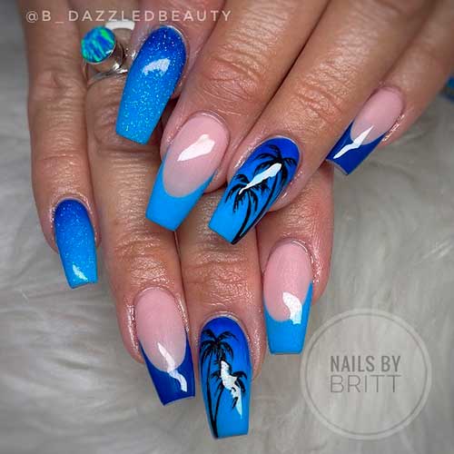 Midnight Royal Blue Nails with A Tropical Island Nail Art Design