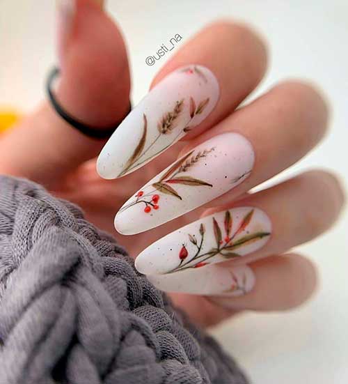 Milk Fall Nails 2021 with Matte Finish, Floral and Leaf Nail Art Best of Fall Nails Ideas
