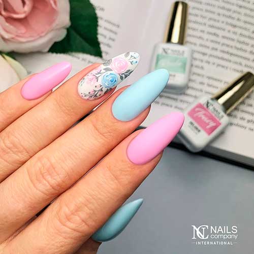 Long Almond Pastel Blue and Pink Nails 2022 with Accent Flower Nail