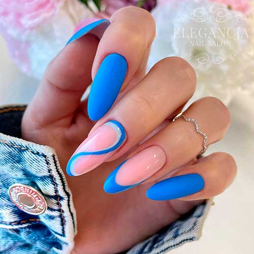 Long Almond Shaped Matte Royal Blue Nails Design with Glossy French and Swirl Accents