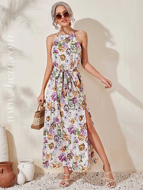 SHEIN Floral Print Belted Split Thigh Halter Dress SHEIN Floral Print Belted Split Thigh Halter Dress, shein dresses, maxi dress