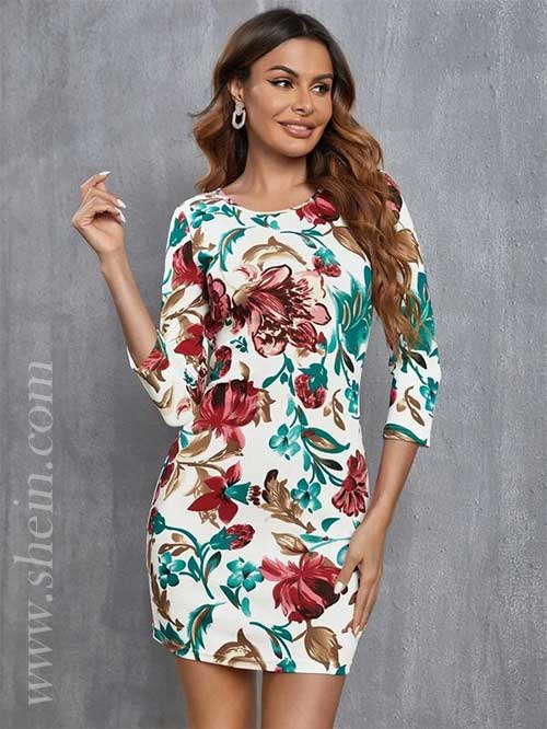 SHEIN Floral Print Bodycon Dress, stylish shein dresses for summer 2021