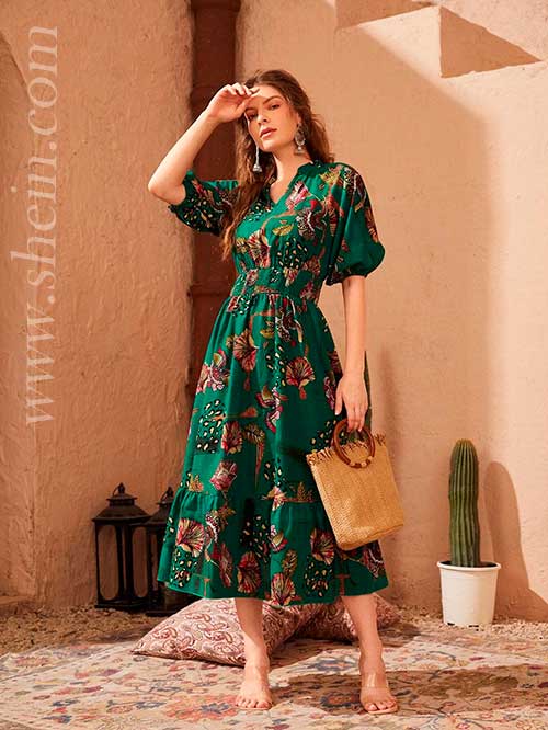 SHEIN Floral Print Lantern Sleeve Shirred Waist A-line Dress SHEIN Floral Print Lantern Sleeve Shirred Waist A-line Dress, Shein Dresses