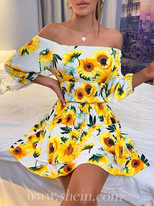 SHEIN SXY Sunflower Print Off Shoulder Shirred Waist Dress - Shein Dresses
