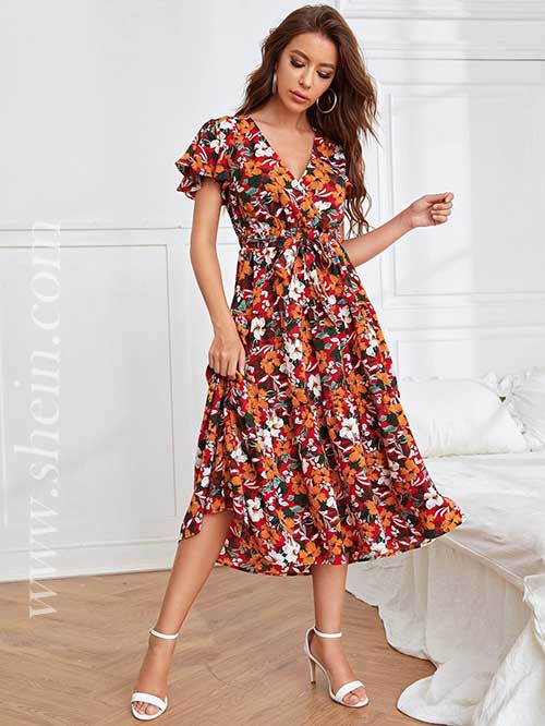 SHEIN Surplice Neck Floral Print Flutter Sleeve Belted A-Line Dress SHEIN Surplice Neck Floral Print Flutter Sleeve Belted A-Line Dress - Shein Dresses