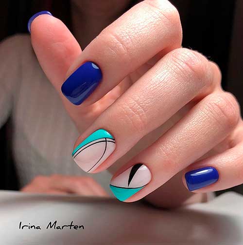Short Square Navy Blue Nails Design with Nude, Turquoise, and Black Abstract Nail Art on Two Accents