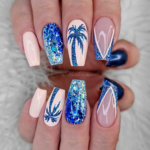 Sparkling Coffin Pink and Blue Nails Design for Summer 2022