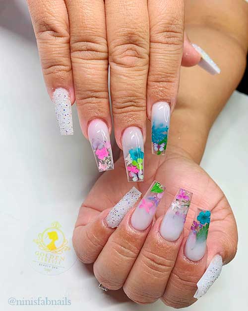 Spring-y milk bath design using white acrylic nails 2021 with floral nail art
