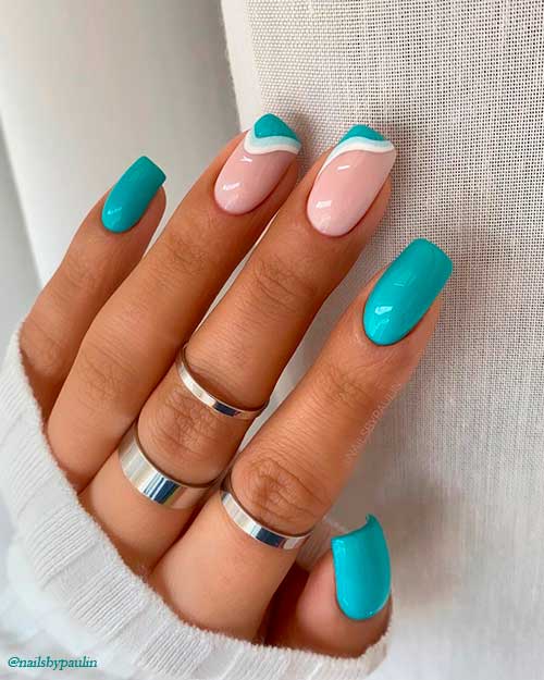 Squared Nails with Multicoated Colours of Pink and Turquoise Hues are Cute Summer Nails 2021