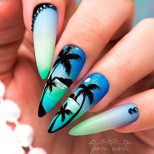 Stiletto Blue Nails 2021 with Tropical Island Design and Rhinestones, blue ombre nails, summer nails