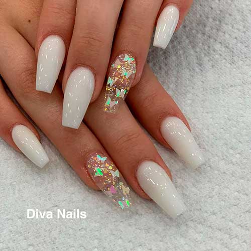 Stunning glossy white acrylic nails with accent butterfly nail art on clear acrylic