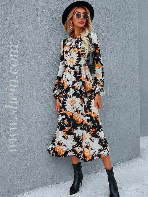 Tie Neck Lantern Sleeve Floral Print Dress - Shein Dresses - A Line Dress