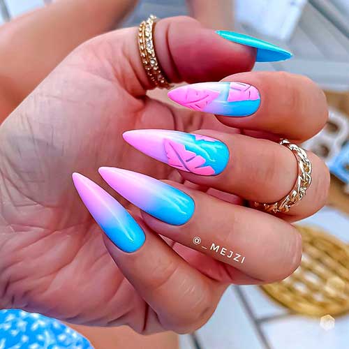 Two-Tone Colors of Pink and Blue Nails with Leaf Nail Art for Summer 2021