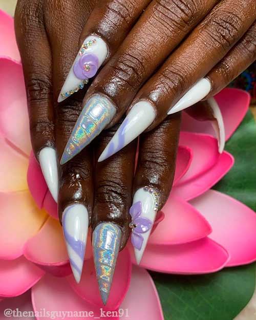 White Acrylic Nails with Purple Unicorn Accent Nails Adorned with Rhinestones
