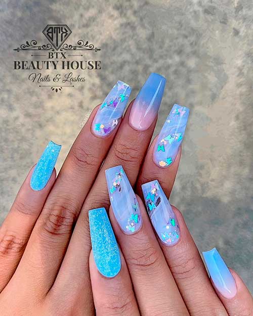 White Sparkle with Glittered Blue Nails Accentuated by Butterfly Nail Art Design for Summer 2021