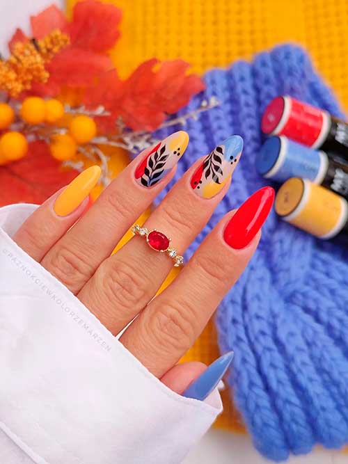 Yellow Red Blue Fall Nails with Leaf Nail Art