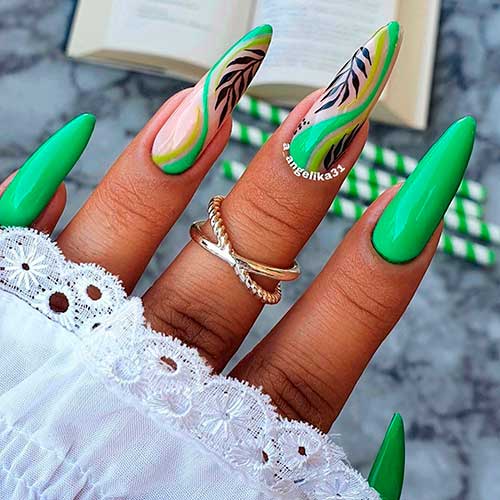 Bright Green Nails Design Bright hybrid green nails design with fall leaves over long almond shaped nails 2021