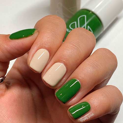 Cream and green Short nails with CHEMISTRY & GEOMETRY polishes of The Fall Nail Polish Set 2021 By Olive & June