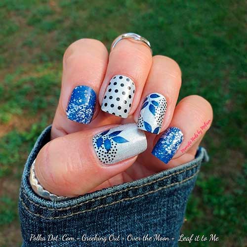 Color street combos: Polka Dot-com, Greeking Out, Over the Moon, and Leaf it to Me Nail Strips