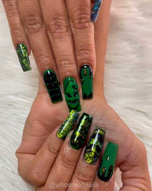Glitter Green Coffin Shaped Halloween Nails 2021 are one of the cutest Halloween nail ideas 2021
