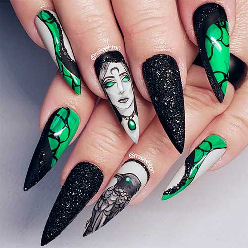 Green and Black Witch Nails are best Halloween nails 2021, one of the elegant Halloween nail designs 2021