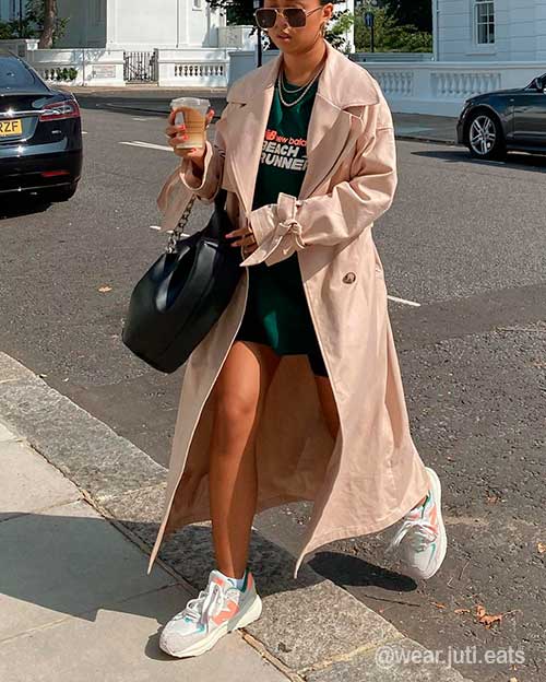 Long French Coat over T shirt and tight short are cute fall outfits and fashion trends 2021