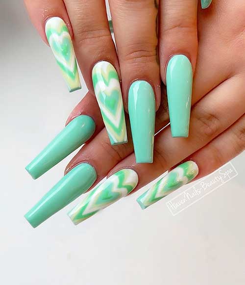 Cute long coffin mint green nails with two accent nail art heart