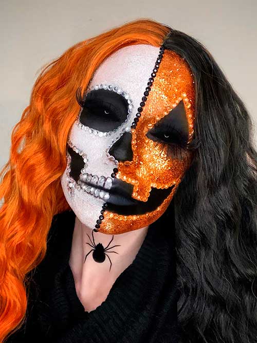Sparkling Half Skull Half Pumpkin Face Makeup Sparkling Half Skull Half Pumpkin Face Makeup