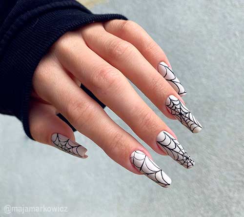 Coffin Black Spider Web Nails Design on Off White Base Color