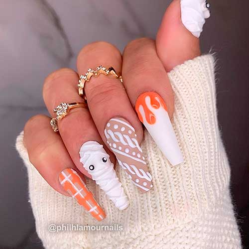 Elegant White and Orange Coffin Halloween Nails Design 2021