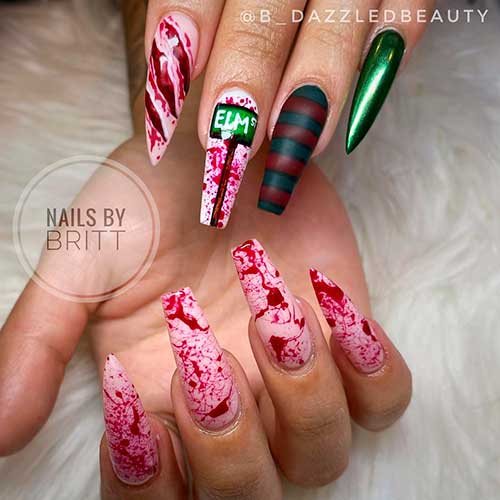 Coffin and stiletto shaped bloody Freddy Krueger Nail Art Design for Halloween 2021