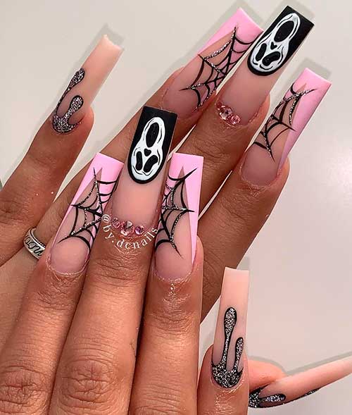 Black and Pink Freestyle Spider Web Halloween Nail Design with Two Accent Dripping Nails 