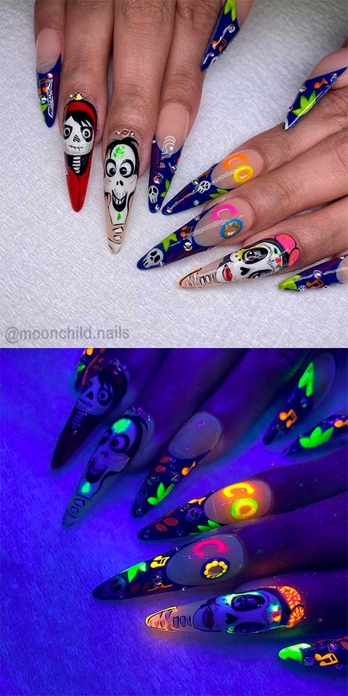 Cute long stiletto Halloween glow in the dark nails 2021