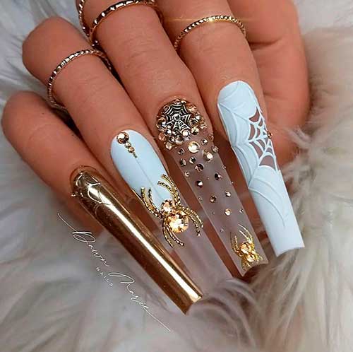 Long Coffin White and Gold Spider Nail Art Design with Rhinestones for Halloween 2021