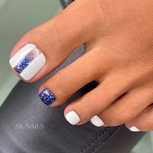 Gorgeous white pedicure with glitter in blue and considered best of pedicure ideas 2021 you can try
