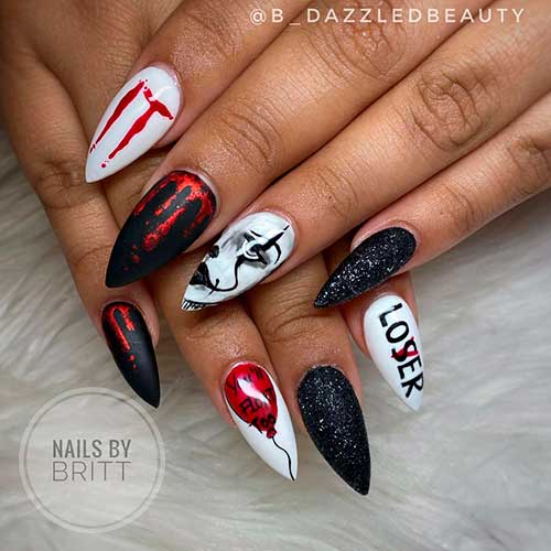 Short Stiletto black and white IT Halloween Nail Design with accent black glitter nail