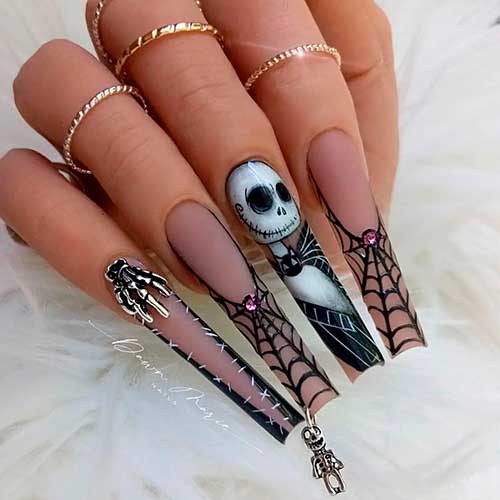 Long coffin black spider web and Jack Skellington Nail Art Design for Halloween 2021