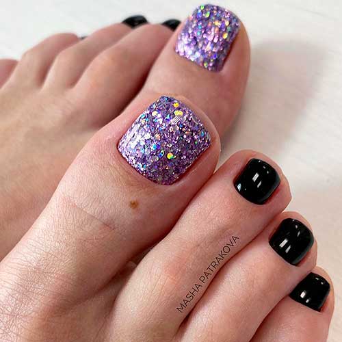 Luxury Black Pedicure Idea with Glittering Purple on Big Toenail