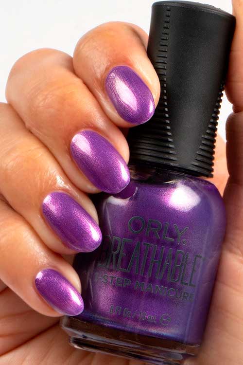 Short bright violet shimmer nails with ORLY Breathable Nail Polish Alexandrite By You