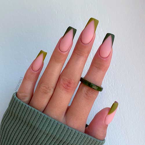 Olive and Dark Green V French Tip Coffin Nails That Suit Fall Season