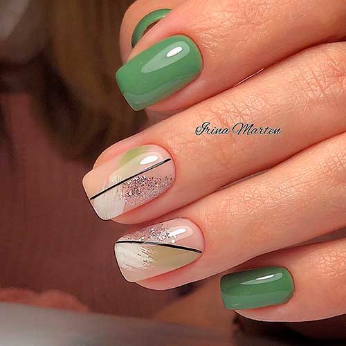 Glossy Short Squared Shaped Olive Green Nails Design