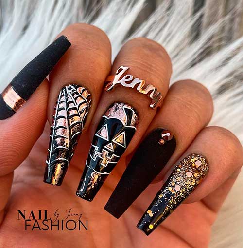 Silver, Gold, and Black Pumpkin Halloween Nail Designs 2021