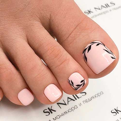 Simple Peachy Pink Pedicure Design with Black Leaf Nail Art