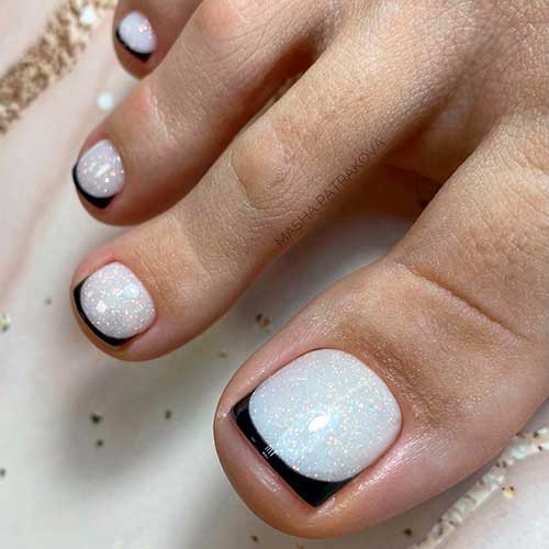 Sparkling White with Black French Tip Pedicure Design 2021