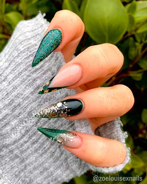 Shimmer Stiletto Forest Green Nails 2021 with Black and V French Tip Nail Adorned with Gold Glitter