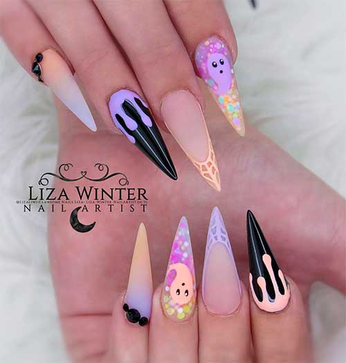 Stiletto dripping, spider web, ghost Halloween nails 2021 with glitter and rhinestones