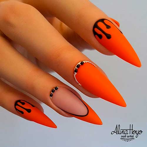 Gorgeous Stiletto Bright Neon Burnt Orange Dripping Halloween Nails 2021 with Ugly Duckling Color