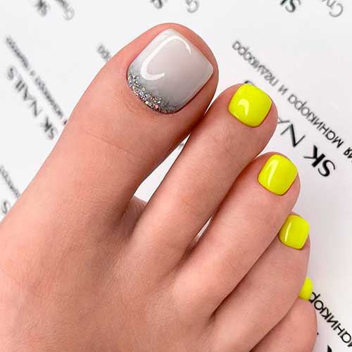 Yellow Neon Pedicure with Dirty White and Glitters Design
