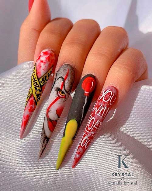 Stunning long stiletto IT Halloween Nails 2021 that are perfect for any girl